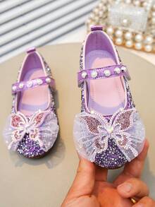 Girls' Princess Flat Shoes With Bow, Rhinestone & Pearl Decor, For School/Campus - Purple - View 2