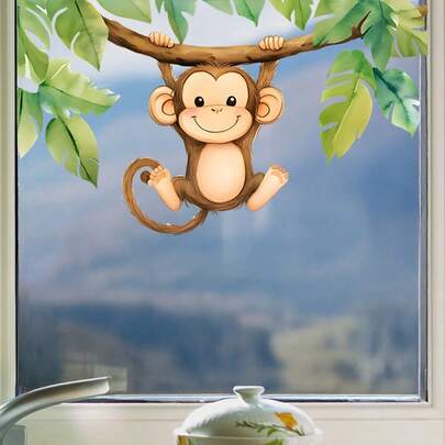 [Playful Monkey Decor] 1pc Bohemian Style Monkey & Green Leaves Window Sticker - Self-Adhesive PVC, Irregular Shape, Perfect For Indoor/Outdoor Decor, Removable, Indoor Decoration | Playful Design | PVC Construction, Monkey Decor
