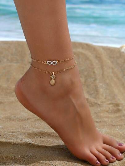 2 piezas Tobillera elegante y minimalista con símbolo del infinito y colgante de piña con strass, de estilo bohemio y sexy, de múltiples capas y versátil, adecuada para uso diario casual, fiestas, festivales de música y vacaciones en la playa