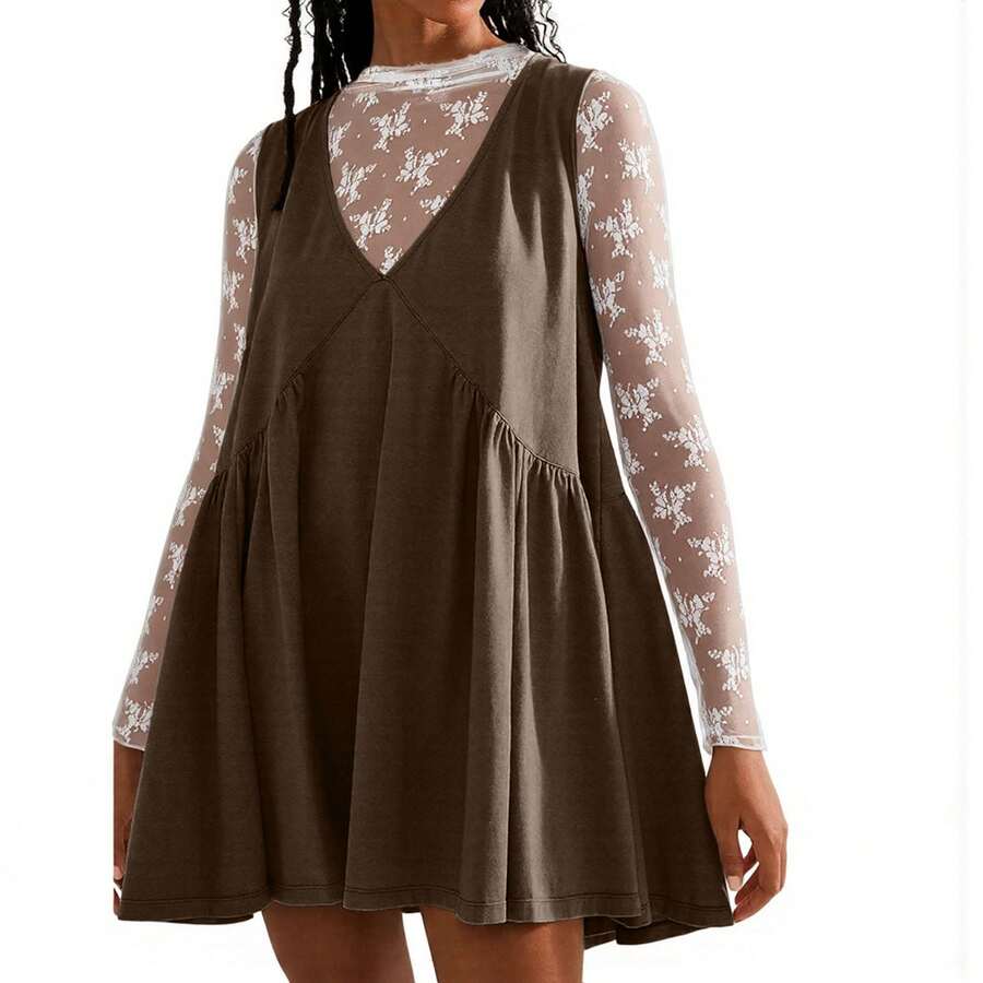 Women Sleeveless Mini Dress Summer Casual Loose V Neck Sundress With Pockets - Cà phê - Xem 1