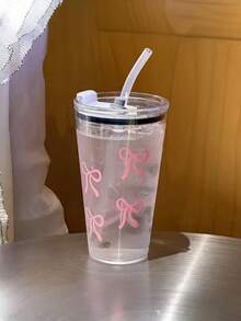 1个，可爱粉色蝴蝶结可重复使用塑料茶杯，带盖和吸管，男女通用水杯，适用于办公室、学校、生日和派对 - 彩色 - 查看 4