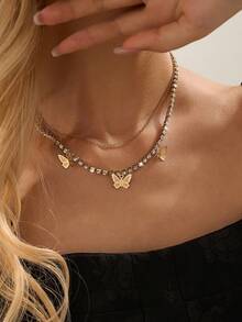 Nooxian 2件套女士礼物金项链套装，配蝴蝶吊坠，时尚简约休闲风格项链 - 金黃色 - 查看 1