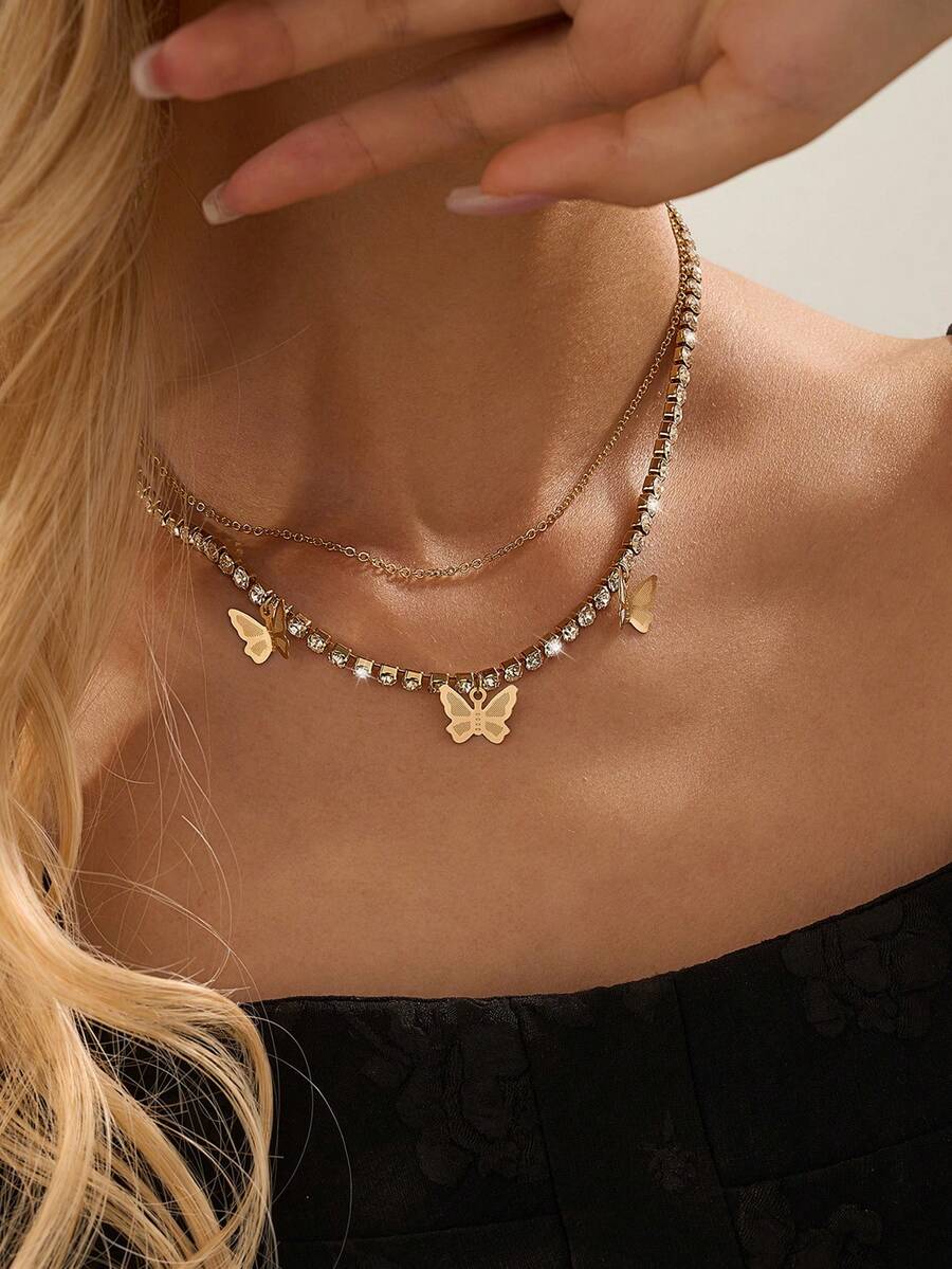 Nooxian 2件套女士礼物金项链套装，配蝴蝶吊坠，时尚简约休闲风格项链 - 金黃色 - 查看 1