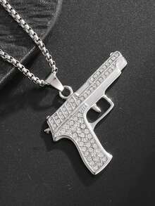 1件新款时尚经典闪亮冷峻仿沙漠之鹰手枪项链摇滚朋克酷炫街头派对吊坠饰品配饰礼品 - 金色 - 查看 4
