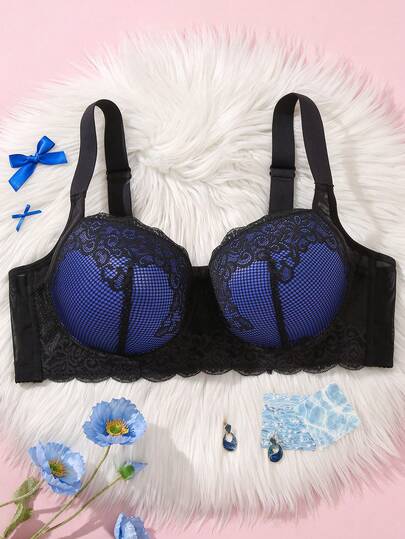 Women's Lace Underwire Push Up Bra - Contrast Mesh Design , Anti-Sag & Lift Support & All-Day Comfort