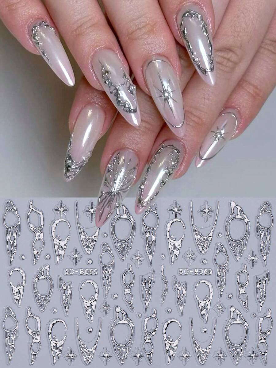 2片银色浮雕5D不对称线条星形图案Y2K风格银色闪光哥特式浮雕美甲贴纸，DIY美甲配件，美甲沙龙用品 - 銀色 - 查看 1
