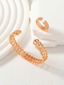 两件套玫瑰金镀层镂空编织手链戒指首饰套装，可调节开口设计，日常叠戴，理想的斋月礼物 - 金黃色 - 查看 3