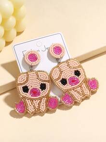 1 Pair Cute Piglet Rice Bead Pearl Earrings - Creative Handmade Design Piglet Shape Earrings, Exquisite Adorable Healing Women's Fashion Earrings - Multicolor - View 8