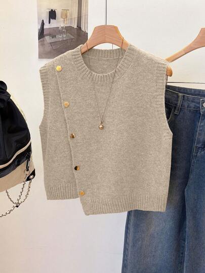 1pc Solid Color Short Round Neck Asymmetrical Button Accessory Design Fashion Sleeveless Sweater Vest, Versatile Knit Waistcoat