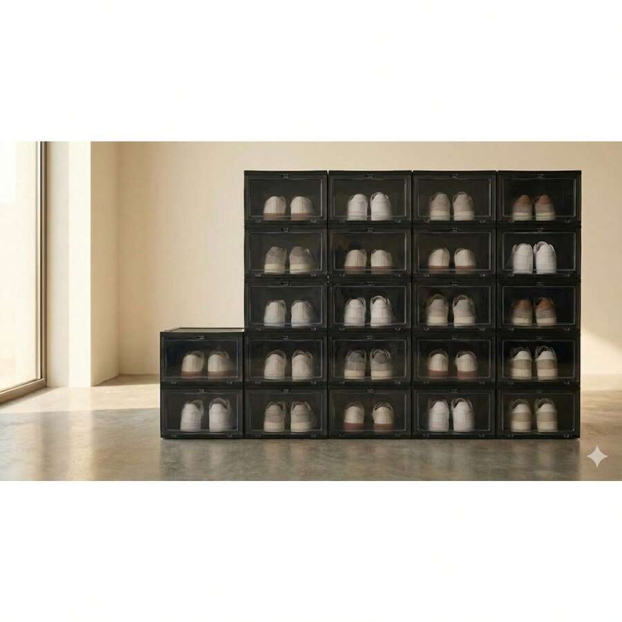 12 Pack Stackable Shoe Storage Boxes, Clear Plastic Sneaker Display Case With Magnetic Door, Extra Large Space Saving Shoe Organizer For Closet,Extra Large Clear Sneaker Display - Black - 12 Boxes - View 1
