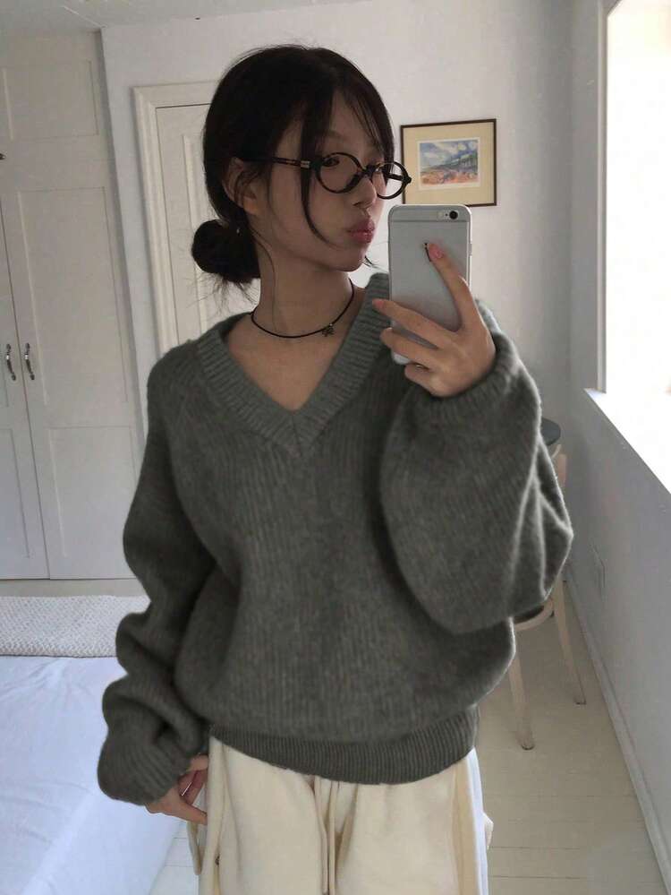 Suéter casual de corte holgado con cuello en V y unicolor, estilo coreano - Gris - Añade 2