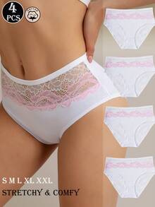 4 Peças Calcinhas Elegantes de Cintura Alta Brancas e Rosas com Estampa Floral, Roupa Íntima Diária Macia, Respirável, Elástica e Confortável com Renda Contrastante - Branco - Visão 2