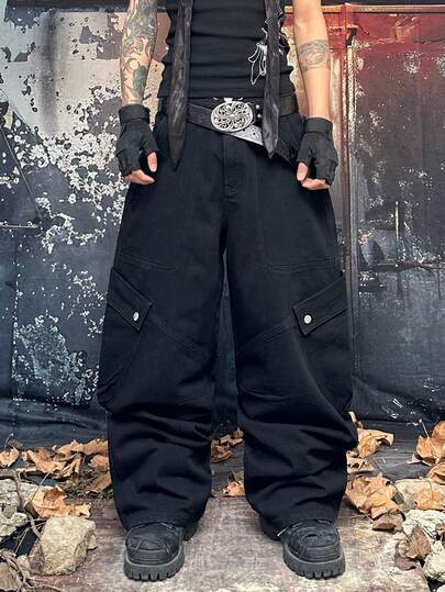 1 Stück Herren Y2K Marken Design Schwarze Jeans, Weites Bein Multi-Taschen Schneeflocken Stickerei Streetwear Jeans, Casual Hose, Multi-Größe (ohne Gürtel und Zubehör)