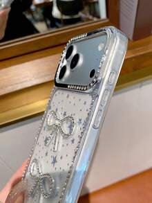 Minimalist Fashionable Star Rhinestone Diamond Bow Phone Case Compatible With IPhone 17 16 15 14 13 12 11 - White - View 4