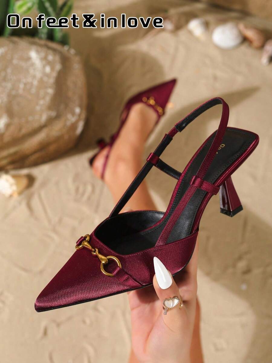 On feet& in love Women's Elegant Satin Backstrap Pointed Toe Metal Chain Buckle High Heel Pumps, Suitable For Dresses And Weddings - Burgundy - View 1