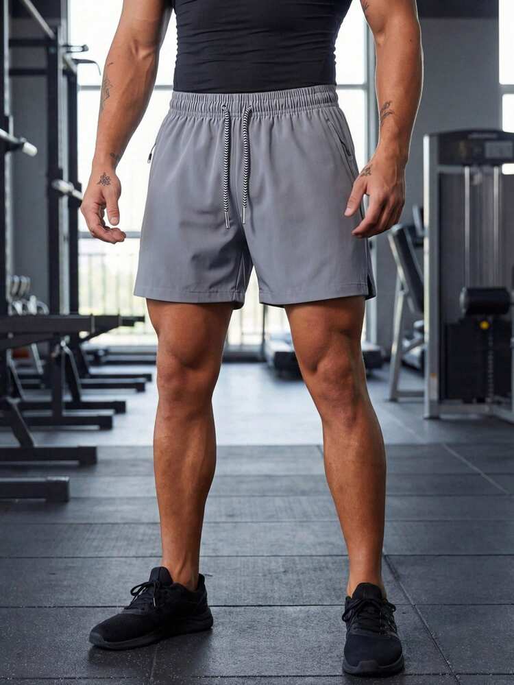 3pcs Men's Gym Shorts, Elastic Waist With Drawstring, Suitable For Fitness, Running, Sports, Workout, With Zipper - Light Grey - View 1