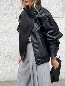 Fashionable Casual Women Long Sleeve High Collar Loose Motorcycle Style Top, 2026 Street Style / Women's Valentine's Day Outfit - Black - View 3