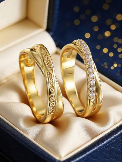 2pcs/Set Women's Gold-Plated Zirconia Ring Set, Twisted Design (Engraved + Micro-Inlaid Zirconia), Minimalist Elegant Style, Suitable For Daily Commute/Versatile, Fashionable Birthday Gift
