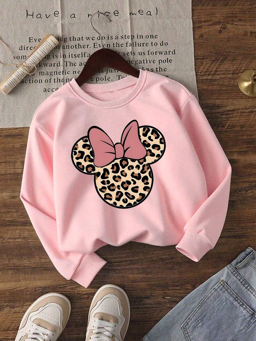 Disney Official Licensed Minnie Mouse Leopard Print Sweatshirt For Girls Soft Cozy Casual Everyday Wear Comfortable Breathable Cute Sweatshirt For Women And Teen Girls - Hồng - Xem 1