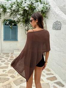 Women's Y2K Style Brown Knit Open Shoulder Top, Comfortable Loose Fit, Bohemian Sexy Beach Vacation Wear Summer - Red Coffee - View 9