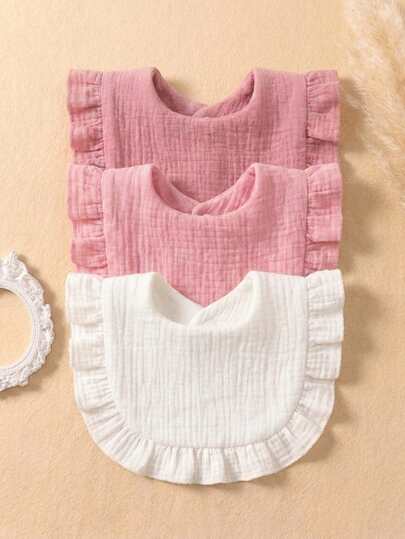 3件装新生儿纯棉纱布糖果色可爱围兜，适合日常使用，荷叶边设计
