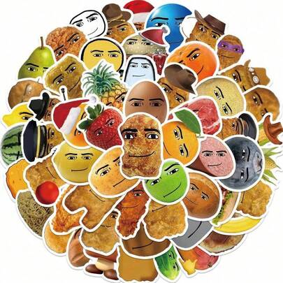 58张搞笑笑脸食物表情包贴纸，包括搞笑鸡块贴纸、水果脸贴纸、恶搞涂鸦贴纸、表情包礼物，防水乙烯基贴纸，适用于水瓶、保温瓶、吉他、行李箱、手机、手机壳、笔记本电脑、滑板等。