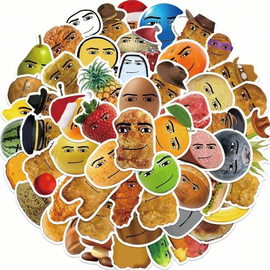 58张搞笑笑脸食物表情包贴纸，包括搞笑鸡块贴纸、水果脸贴纸、恶搞涂鸦贴纸、表情包礼物，防水乙烯基贴纸，适用于水瓶、保温瓶、吉他、行李箱、手机、手机壳、笔记本电脑、滑板等。 - A - 查看 1