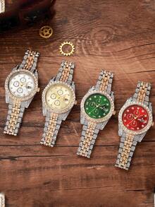 1件时尚简约罗马数字表盘全水晶不锈钢石英表，适合日常佩戴、生日、送礼、周年纪念、光棍节、万圣节促销等场合，不含礼盒 - 金色 - 查看 2