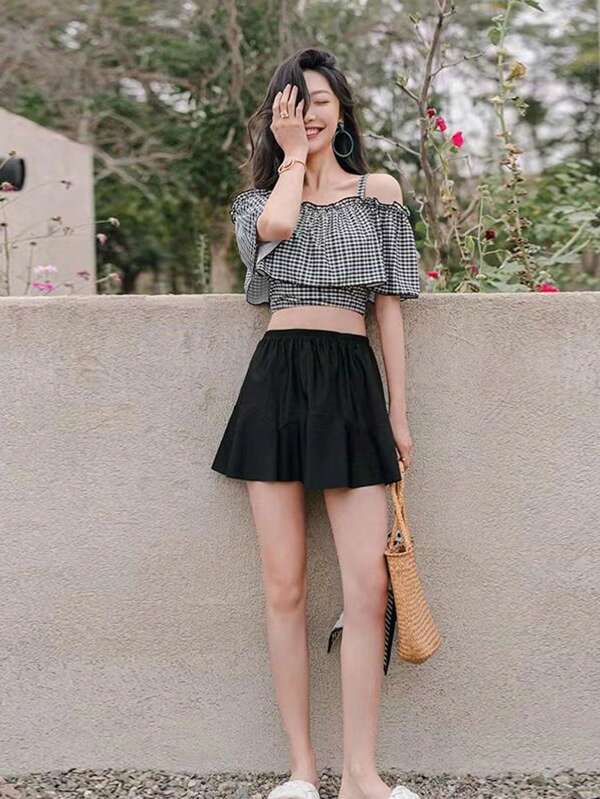 ニューデザイン 水着 レディース 2点セット セパレート 体型カバー パッド付き 中学生 高校生 UVカット 海水浴 潜水 海ビーチ キャンパス風