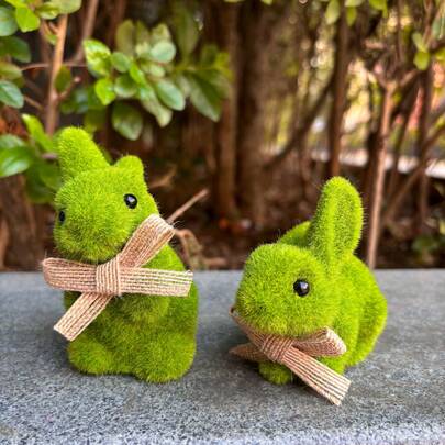 2pcs Easter Bunny Decor, Flocked Bow Rabbit Figurines, 10cm (3.9inch) Mini Realistic Moss Rabbit Statues, Easter Garden Patio Outdoor Decoration, Spring Home Party Holiday Ornaments, Indoor Planter Garden Decor, Plant Lover Garden Accents