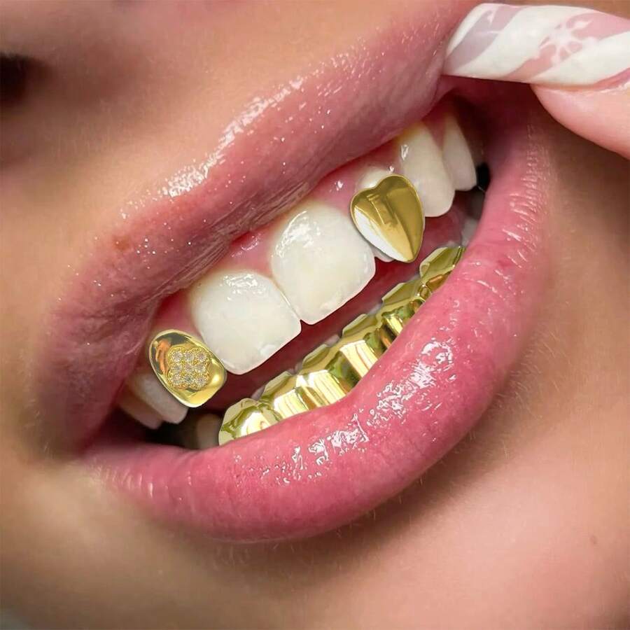 1 Set Unisex Hiphop Style Glossy Heart Zirconia Plum Blossom Flat Tooth Grillz, Suitable For Daily Wear, Festivals And Parties - Multicolor - View 1