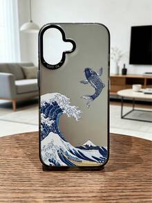 1pc Ukiyo-E Wave & Koi Fish Mirror Surface Phone Case, Metal Frame Anti-Drop, Japanese Art Protective Cover Compatible With Apple & Series - Black - View 4