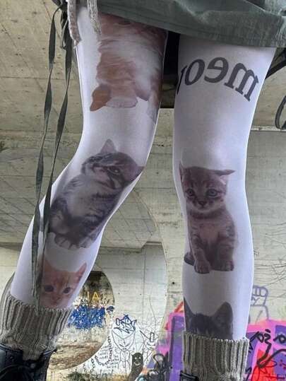 1双女士天鹅绒猫咪印花连裤袜，可爱迷人，猫咪爱好者必备，时尚性感，优雅美丽，舒适百搭，适合各种节日，尤其适合情人节、情侣约会、日常出行和通勤——多种尺码可选