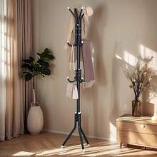 12-Hook Freestanding Coat Rack - Metal Hall Tree Organizer For Hats, Jackets, Bags, And Purses - Black - View 2