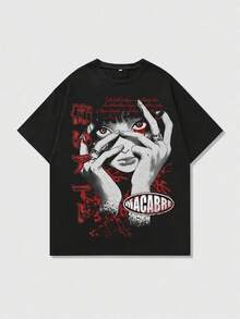 Mens Tshirts ROMWE MEN Men's Anime Cartoon Character Letter Print Round Neck Short Sleeve Casual T-Shirt Men's Fashion Print Casual T-Shirt Casual Summer T-Shirt, Comfortable Outdoor Casual Wear - Black - View 8