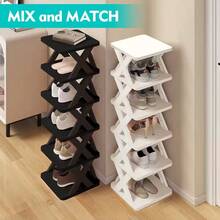 6Tier Narrow Shoe Rack, Small Vertical Shoe Stand, Space Saving DIY Free Standing Shoes Storage Organizer For Entryway, Closet, Hallway, Easy Assembly And Stable In Structure, Corridor Storage Rack, White / Black - 白色 - 查看 1