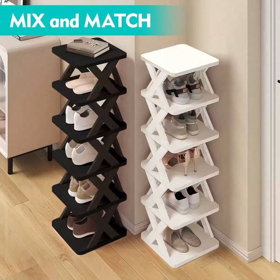 6Tier Narrow Shoe Rack, Small Vertical Shoe Stand, Space Saving DIY Free Standing Shoes Storage Organizer For Entryway, Closet, Hallway, Easy Assembly And Stable In Structure, Corridor Storage Rack, White / Black - 白色 - 查看 1