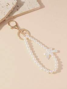 1pc Women's Elegant Bow & Faux Pearl Beaded Keychain, Fashionable Minimalist Beaded Birthday/Holiday Gift, Cute Phone Strap & Bag Charm - Bow - View 3