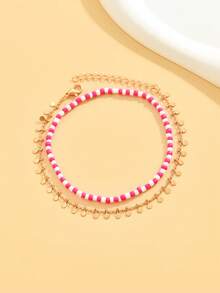 Bộ 2 chiếc vòng chân kiểu khu nghỉ dưỡng biển, màu hồng, đính hạt cườm, dây xích đồng hình đĩa (Tránh tiếp xúc với nước) - Màu Hồng Tươi - Xem 2