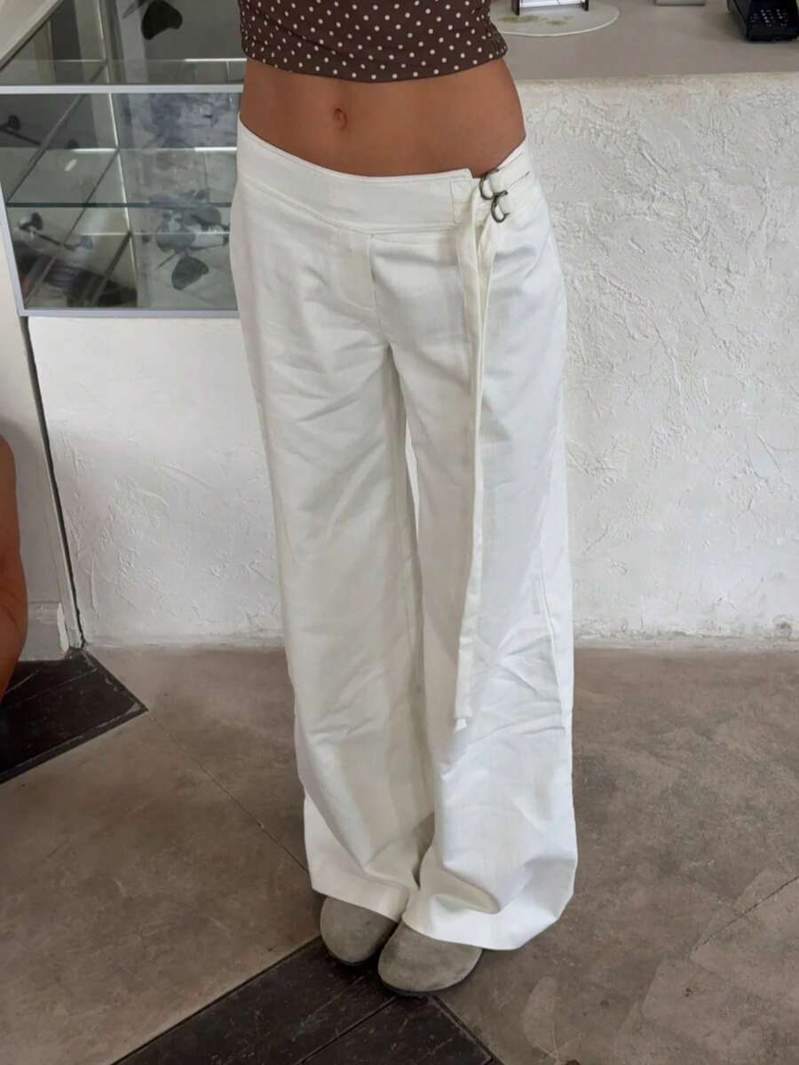 Women's High Waist Wide Leg Pants, Smooth Fabric White Long Trousers Spring - White - View 1