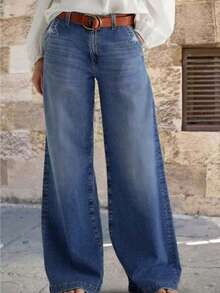 Women's Casual Denim Jeans (Waist Cinching And Hip Lifting - Small Size, Blue Multi Color Selection), Simple Style, Spring Casual Fashion Jeans, Suitable For All Seasons, Loose Hem, Back Pocket Design, Suitable For Daily Wear - 藍色*春季時尚款 - 查看 3