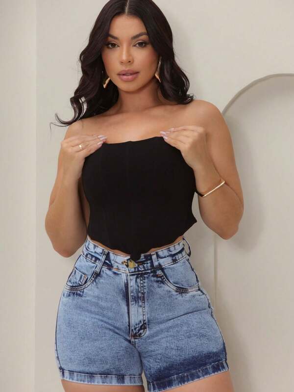 Shorts Denim com Elastano/Cintura Alta/Linha Premium Festa junina