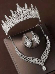 1Set Golden Bride Jewelry - Rhinestone Crown, Necklace, Earrings (4pcs), Wedding Accessories, Suitable For Bridal Gown, Wedding, Party, Prom - Silver - View 5