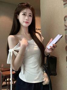 Tie hombro inclinado camiseta de manga corta verano nuevo Slim temperamento corto estudiante tops mujer blusas casuales para dama - Blanco - Ver 3