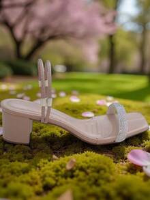 Women's Tropical Party Sandal, PU Leather, Layered Heel, Summer Party - 乾枯玫瑰色 - 查看 3