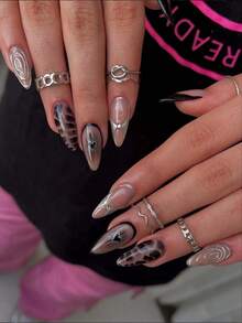 24片/套杏仁形短指甲，镀铬银色法式美甲贴片，饰有不规则金属液体图案，融合豹纹和心形元素，内含粘性标签，可重复使用，可佩戴，美甲贴片，美甲用品，适合女孩/女士日常佩戴、节日、春季美甲。 - 彩色 - 查看 2