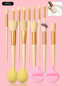 17pcs Makeup Brush Set For Beginners, Soft Hair Eye Shadow Brush, Powder Brush, Blush Brush With Makeup Sponge, Complete Makeup Tools - Yellow - View 4
