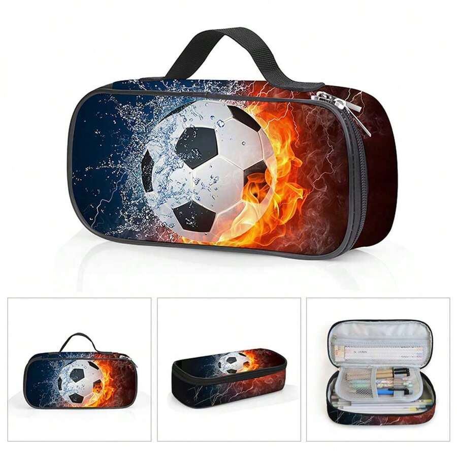 Unisex Football Printed Pencil Case With Compartments, Can Hold Pencils, Keys, Phones, Coins, Small Items, Suitable For School, Home, Gifts, Vacation, Holidays (Back To School, Christmas) - Water and Fire Football - View 1