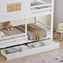 Våningssäng för barn med charmiga fönster och tak, en stadig ribbotten och stege, plus två stora lådor. Furu + MDF + plywood, vit + naturfärgad, 90 x 200 cm - Vitt - Visa 3