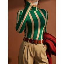 女士秋冬高领条纹T恤衫，休闲日常穿着（JH25167） - 綠色 - 查看 8